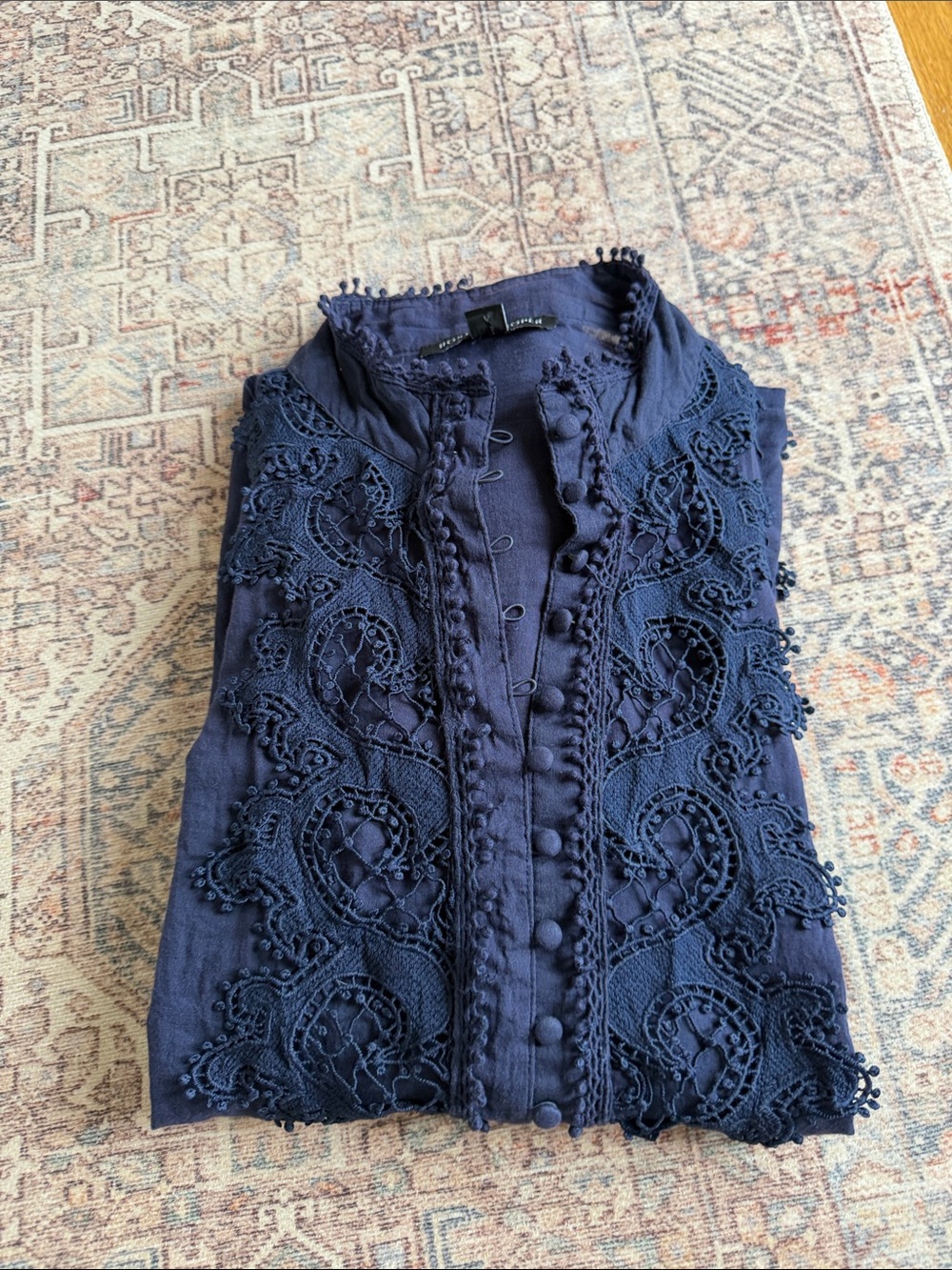 Boston Proper Deep Navy Crochet-Detail Victoria Style Button Down Shirt